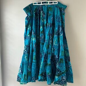 Phool Maxi Skirt Womens Large XL Blue Teal Cotton Tiered Boho Abstract Excellent